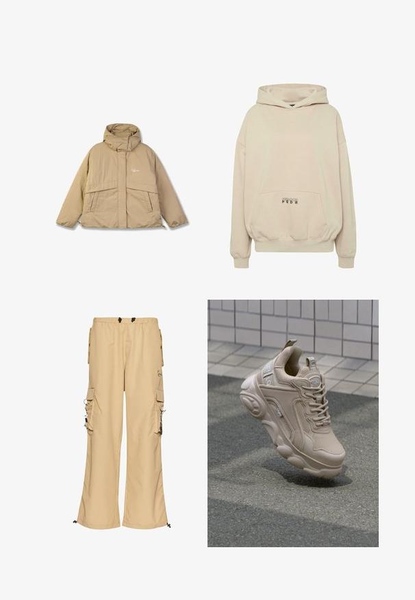 Beige pufferjack met een hoge kraag, twee voorzakken en een ritssluiting. Heeft een gestructureerde stof en een klein logo op de borst.; Beige hoodie met een voorzak, geribbelde boorden en een capuchon met trekkoord. "PECADOR PGDR" tekst gedrukt op het zakgebied.; Beige cargobroek met wijde pijpen, elastische tailleband, zijzakken en trekkoorddetails. Gemaakt van lichtgewicht stof met een gladde textuur.; Beige sportieve schoen met een bovenwerk van mesh en synthetisch materiaal, gewatteerde kraag en een stevige zool met textuuraccenten. Merkzichtbaar aan de zijkant.