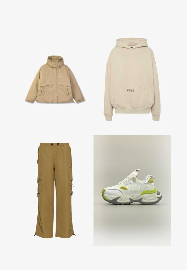 Beige Steppjacke mit hohem Kragen, zwei vorderen Taschen und einem Reißverschluss. Verfügt über einen strukturierten Stoff und ein kleines Logo auf der Brust.; Beiger Hoodie mit Fronttasche, gerippten Bündchen und Kordelzugkapuze. "PECADOR PGDR" Schriftzug auf dem Taschenbereich.; Khakifarbene Cargo-Hosen mit elastischem Bund, mehreren Seitentaschen und verstellbaren Bündchen. Hergestellt aus einem strapazierfähigen Stoff mit glatter Textur.; Weiße und hellgrüne klobige Sneaker mit dicker Sohle, Schnürung vorne und Zuglaschen an Zunge und Ferse, auf neutralem Hintergrund präsentiert.