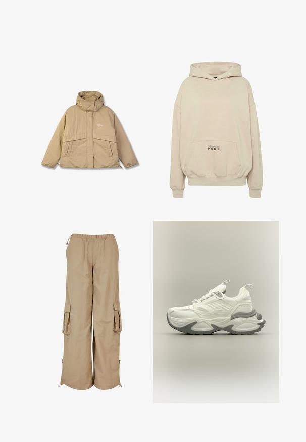 Beige pufferjakke med høj krave, to forlommer og lynlås. Har et struktureret stof og et lille logo på brystet.; Beige hættetrøje med en forlomme, ribbede manchetter og snøre i hætten. "PECADOR PGDR" tekst trykt på lommedelen.; Beige cargo bukser med elastisk talje, to sidelommer og mesh-detaljer; fremstillet af letvægts, tekstureret stof.; Hvid og grå chunky sneaker med tekstureret sål, trækflapper på tunge og hæl samt detaljeret paneldesign på overdelen.