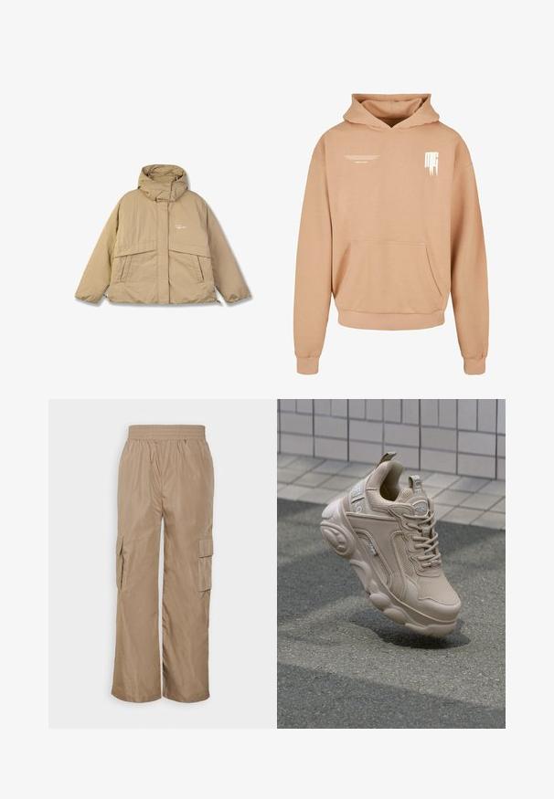 Beige pufferjakke med høj krave, to forlommer og lynlås. Har et struktureret stof og et lille logo på brystet.; Hætte sweatshirt i lys beige, lavet af blødt stof. Har en frontlomme og minimalistisk hvid tekst trykt på brystet.; Even&Odd by Zalando Cargobukser - beige; Beige atletisk sko med overdel i mesh og syntetisk materiale, polstret krave og kraftig sål med strukturerede detaljer. Branding synlig på siden.