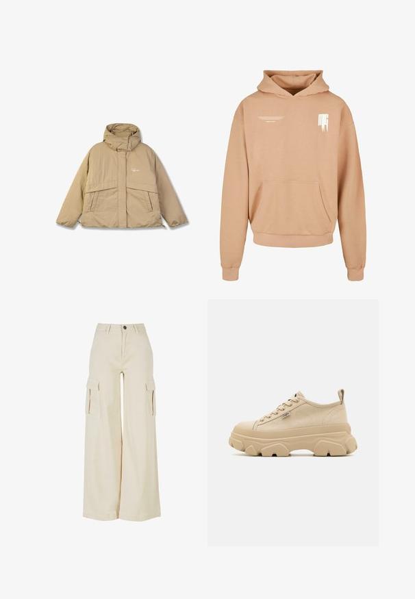 Beige pufferjakke med høj krave, to forlommer og lynlås. Har et struktureret stof og et lille logo på brystet.; Hætte sweatshirt i lys beige, lavet af blødt stof. Har en frontlomme og minimalistisk hvid tekst trykt på brystet.; Beige cargo bukser med vidde, lavet af bomuld, med to store sidelommer, lukning med knap foran og en ren kant.; Beige canvas sneakers med tekstureret overdel, tykke chunky såler og snørebåndsdesign. Har en langtagningssløjfe bagpå hælen og en lille logo detalje.