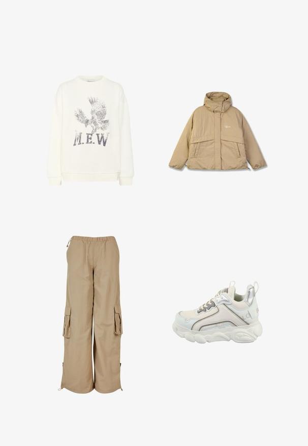 Beige pufferjakke med høj krave, to forlommer og lynlås. Har et struktureret stof og et lille logo på brystet.; My Essential Wardrobe MWDIEGO EAGLE Sweatshirt - Sweatshirt - snow white; Beige cargo bukser med elastisk talje, to sidelommer og mesh-detaljer; fremstillet af letvægts, tekstureret stof.; Hvide og sølvfarvede sneakers med en chunky sål, overdel i blandede materialer og prangende syninger. Inkluderer en hælflap og et brandlogo.