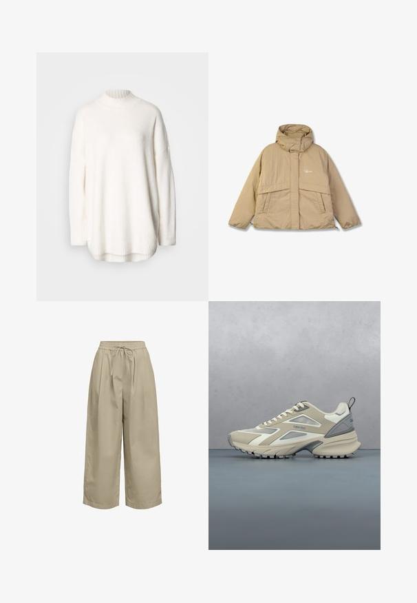 Beige pufferjakke med høj krave, to forlommer og lynlås. Har et struktureret stof og et lille logo på brystet.; Hvid strikket sweater med ribstrikket høj hals, sænkede skuldre og sideslidser ved kanten. Fremstillet af blødt, struktureret stof.; Løse beige cropped bukser med elastisk talje og snor, lavet af let stof.; Beige og grå atletisk sko med tekstureret sål, snørebånd og Calvin Klein-logo, placeret over en træ- og grusflisebelagt overflade udendørs.
