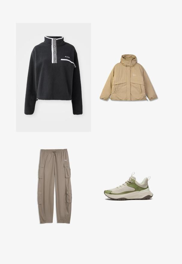 Beige pufferjack met een hoge kraag, twee voorzakken en een ritssluiting. Heeft een gestructureerde stof en een klein logo op de borst.; Zwarte fleece pullover met een ritskraag, voorzien van een borstzak en contrasterende witte en grijze accenten. Zachte textuur, cropped ontwerp.; Lichtbruine, losse cargobroek met trekkoord in de taille en klepzakken op elke pijp, met een klein wit Puma-logo aan de rechterkant.; Lichtbeige en groene wandelsneaker met een gestructureerde zool, veters aan de voorkant en trekbandjes aan de kraag en hiel.