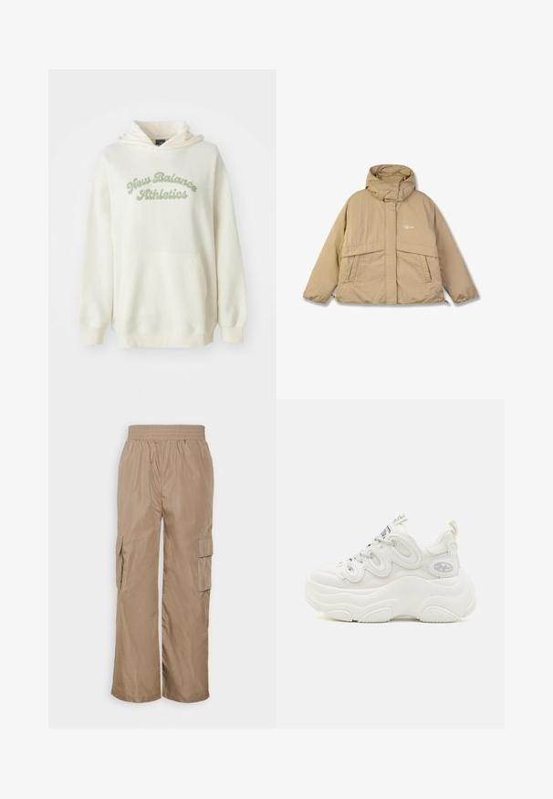 Beige Steppjacke mit hohem Kragen, zwei vorderen Taschen und einem Reißverschluss. Verfügt über einen strukturierten Stoff und ein kleines Logo auf der Brust.; Cremefarbener Kapuzenpullover mit Kängurutasche und hellgrünem "New Balance Athletics"-Schriftzug auf der Brust.; Even&Odd by Zalando Cargohose - beige; Weiße klobige Sneaker mit einem Obermaterial aus Mesh und Synthetik, geschwungener Form, strukturiertem Absatz und einem auffälligen Schnürsystem mit Logodetails.