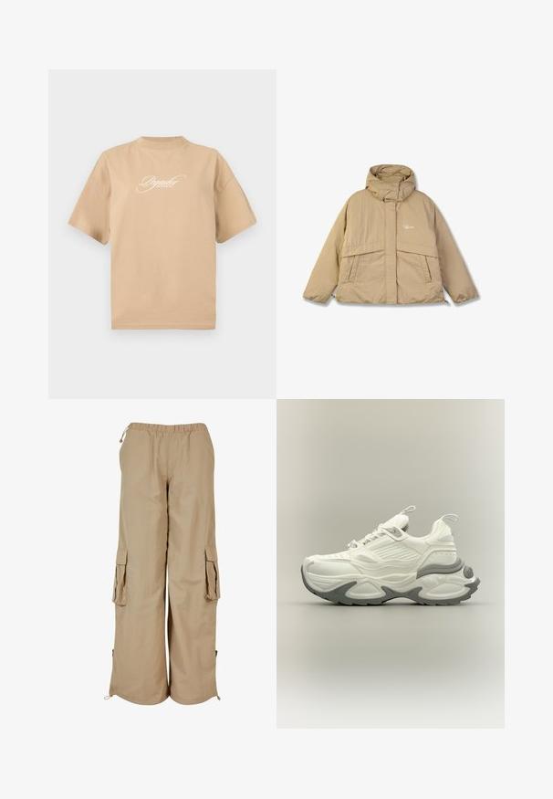Beige pufferjakke med høj krave, to forlommer og lynlås. Har et struktureret stof og et lille logo på brystet.; Beige bomulds t-shirt med korte ærmer, rund halsudskæring og hvid skråskrift på fronten, der står "Pegador Dreams Come True."; Beige cargo bukser med elastisk talje, to sidelommer og mesh-detaljer; fremstillet af letvægts, tekstureret stof.; Hvid og grå chunky sneaker med tekstureret sål, trækflapper på tunge og hæl samt detaljeret paneldesign på overdelen.