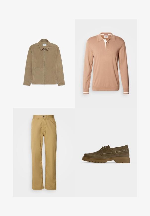 Beežist seemisnahast jakk kaelusega, ees tõmblukk, kaks küljetaskut ja sile pind.; Scotch & Soda LONG SLEEVE POLO - Džemper - tannin; Beezid püksid, mis on valmistatud siledast kangast, standardse lõikega, kaheteistkümne küljetasku ning üksiku nööpkinnitusega vöökoht. ; Pruun sametnahast paeltega mokassiin paksu kummist hõlptallaga ja kaunistava nahksündiga külgedel.