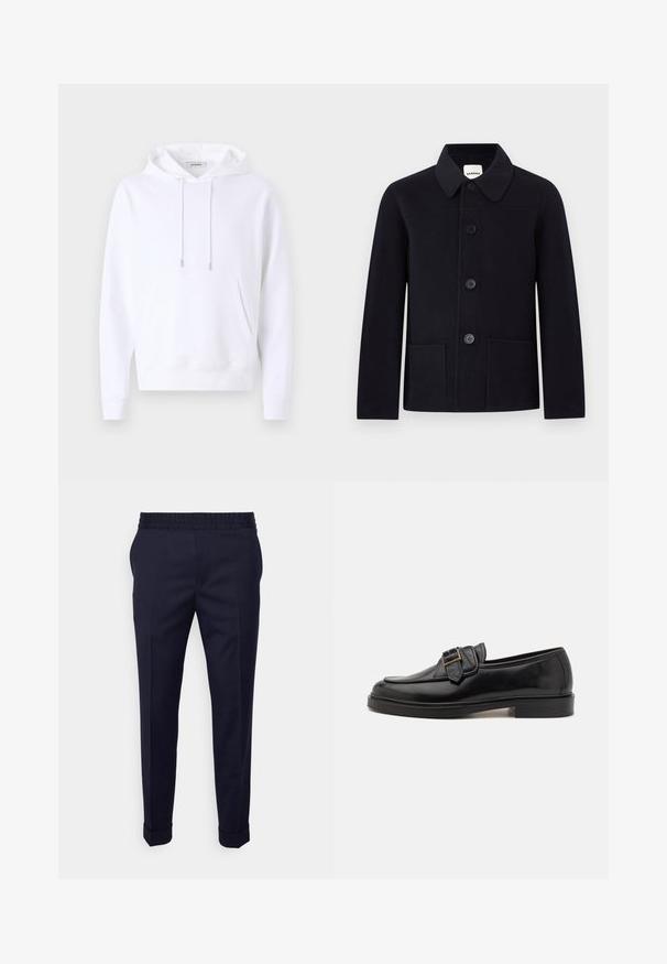 Chaqueta de lana negra para hombre con cuello, cuatro botones negros y dos bolsillos delanteros de parche, presentada sobre un fondo blanco liso.; Sudadera blanca con capucha, fabricada en un tejido suave, presenta un bolsillo frontal, puños elásticos y cordones con herrajes plateados.; Pantalones azul marino con textura suave, presentan una cintura elástica y dobladillos enrollados, diseñados en un corte ajustado con bolsillos laterales.; Mocasines de cuero negro con punta redonda y un acento decorativo de hebilla. Tacón plano y sólido, con una textura suave en todo el zapato.
