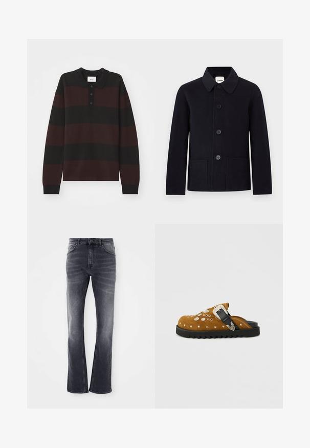 Sort uldherrejakke med krave, fire sorte knapper og to forsyningslommer foran, vist på en ensartet hvid baggrund.; NN.07 RUGBY - Langærmet T-shirt - black; Grå denim jeans med en udvidet ben-design, der har en let falmet finish, fem lommer og en frontknaplukning.; Brun ruskinds-slip-on-træsko med sølvnitter og dekorativ spænde, med en tyk sort rillede sål.
