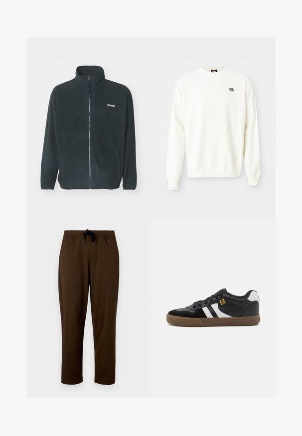 Veste en polaire noire avec un col haut, fermeture éclair à l'avant et deux poches latérales. Comprend un logo discret sur la poitrine.; Pull en maille blanc à manches longues avec col ras du cou et petit logo noir Dickies sur le haut à gauche de la poitrine.; Pantalons en coton marron avec taille à cordon, deux poches latérales et coupe décontractée. Texture lisse et design à jambe droite.; Baskets noir et blanc avec une tige en daim et en cuir, présentant des rayures blanches, des lacets noirs et une semelle en caoutchouc marron. Accents de logo dorés.
