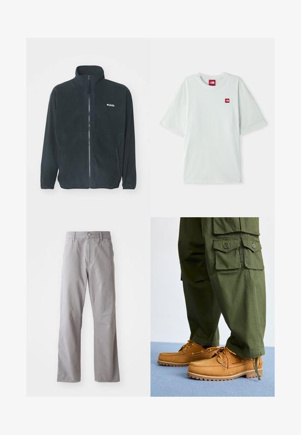 Sort fleecejakke med høj krave, fuld frontlynlås og to sidelommer. Inkluderer en subtil logo på brystområdet.; Lysegrøn kortærmet t-shirt lavet af blød bomuld, med et lille rødt logo på venstre brystområde. Løs pasform og rund halsudskæring.; Grå bomuldsbukser med lige ben-design, der har en frontknaplukning og bæltestropper. Glat tekstur og minimal detaljer.; Timberland AUTHENTIC 3 EYE - Sejlersko - wheat