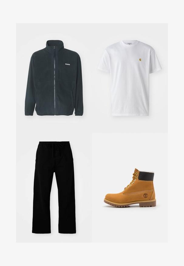 Schwarze Fleecejacke mit einem hohen Kragen, vollem Reißverschluss und zwei seitlichen Taschen. Mit dezentem Logo im Brustbereich.; Weißes Baumwoll-T-Shirt mit kurzen Ärmeln, Rundhalsausschnitt, mit einem kleinen goldenen Logo im linken Brustbereich. Weicher Stoff und normale Passform.; Schwarze, elastische Hosen mit verstellbarem Kordelzug, weitem Bein und glatter Baumwollstruktur. Keine sichtbaren Muster oder Hardware-Details.; Braune Leder-Ankle-Boots mit Metallösen, weißem Kunstfellfutter, schwarzem gepolstertem Kragen, robustem Sohlenprofil und geprägtem Logo an der Seite.
