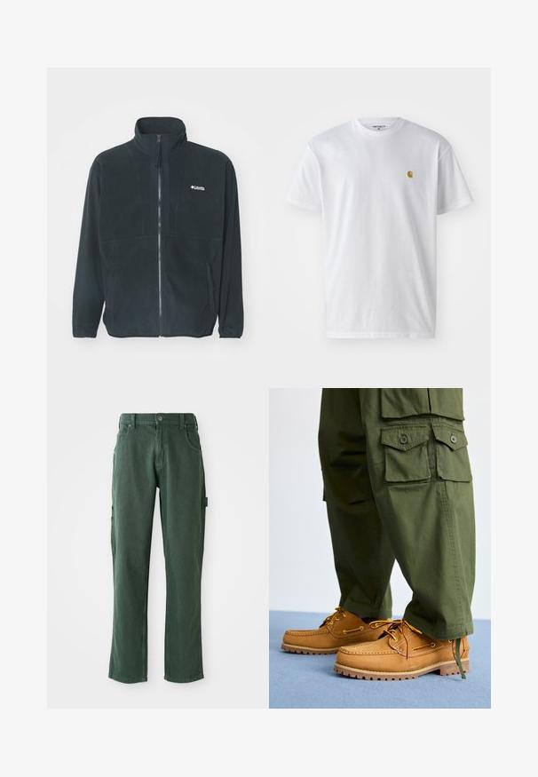 Musta fleece-takki, jossa on korkea kaulus, täyspitkä vetoketju ja kaksi sivutaskua. Sisältää hienovaraisen logon rintataskussa.; Valkoinen puuvillapaita lyhyillä hihoilla, pyöreä kaula-aukko, jossa on pieni kultainen logo vasemmassa rintapielessä. Pehmeä kangas ja normaali istuvuus.; Vihreät cargo-housut, jotka on valmistettu puuvillasekoitteesta. Ne ovat suoralahkeiset, varustettu taskuilla ja tonalisella ompelulla. Sileä pinta, jossa on hienovarainen kiilto.; Timberland AUTHENTIC 3 EYE - Purjehduskengät - wheat
