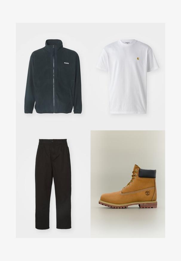 Sort fleecejakke med høj krave, fuld frontlynlås og to sidelommer. Inkluderer en subtil logo på brystområdet.; Hvid bomulds t-shirt med korte ærmer, rund hals og et lille guld logo på venstre brystområde. Blød tekstur og almindelig pasform.; Sorte bukser lavet af glat stof, med knaplukning, lige pasform og to frontfolder for ekstra detalje.; Brun læderankelstøvle med sort krave, gule snørebånd og tanfarvet sål. Har logo og hvide syninger som detalje. Robust ydersål med greb.
