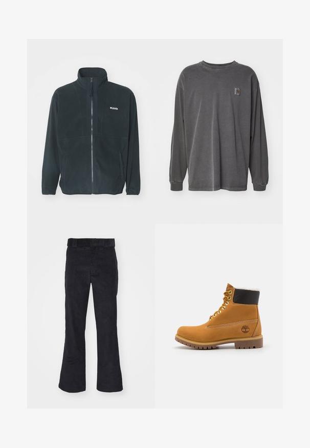 Chaqueta de forro polar negra con cuello alto, cremallera frontal completa y dos bolsillos laterales. Incluye un logo discreto en la zona del pecho.; Carhartt WIP VISTA - Camiseta de manga larga - graphite; Pantalones de pana negros con un corte relajado, que presentan una cinturilla clásica y piernas acampanadas, textura suave y sin patrones o acentos visibles.; Botín de cuero marrón con ojales de metal, forro de piel sintética blanca, cuello acolchado negro, suela resistente y logotipo en relieve en el costado.
