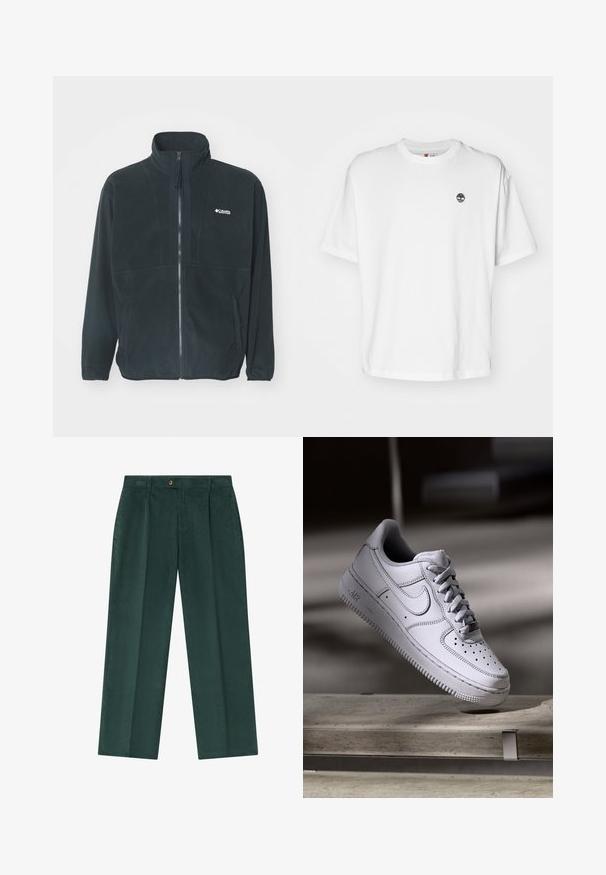 Veste en polaire noire avec un col haut, fermeture éclair à l'avant et deux poches latérales. Comprend un logo discret sur la poitrine.; T-shirt en coton blanc avec un col rond, des manches courtes et un petit logo d'arbre noir sur la poitrine gauche. Tissu doux, coupe décontractée.; Pantalon en velours côtelé vert à coupe décontractée, avec des plis sur le devant, une fermeture à bouton et des poches latérales.; La basket Nike Air Force 1 en cuir blanc présente un embout perforé, des lacets plats et une semelle en caoutchouc texturée avec le logo « AIR » sur le côté.