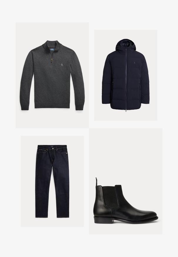 Marineblauwe pufferjas met ritssluiting aan de voorkant, capuchon en zijzakken. Gemaakt van glad, lichtgewicht materiaal met een gestikte paneelstructuur.; Donkergrijze pullover met lange mouwen, een kwart ritssluiting en een klein geborduurd logo op de linkerborst.; Donker indigoblauwe rechte jeans met vijf zakken, knoop- en ritsluiting en contrasterende oranje stiksels op een effen achtergrond.; Zwarte leren Chelsea-boot met elastisch zijpaneel, lage hak en trek-lus aan de achterkant, weergegeven vanaf de buitenkant op een witte achtergrond.