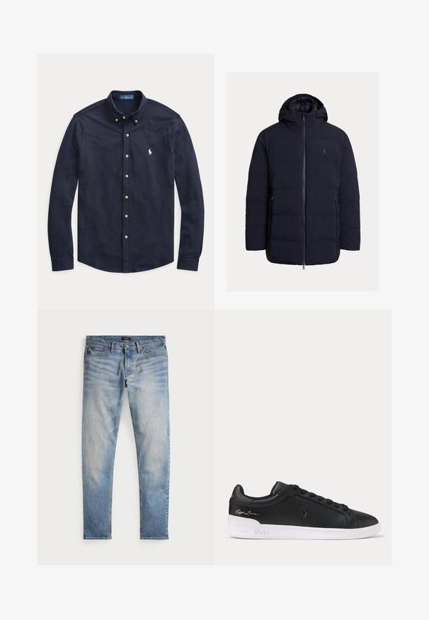 Marineblaue Steppjacke mit durchgehendem Reißverschluss, Kapuze und Seitentaschen. Hergestellt aus glattem, leichtem Material mit gesteppter Paneel-Optik.; Marineblaues langärmliges Hemd mit weißen Knöpfen und kleinem weiß gesticktem Logo auf der linken Brust.; Helle blaue Denim-Jeans mit einem ausgewaschenen Finish, Fünf-Taschen-Design und kontrastierenden Nähten. Mit Reißverschluss und Gürtelschlaufen. Gerade geschnitten.; Schwarzer flacher Ledersneaker mit schwarzen Schnürsenkeln, weißer Sohle geprägt mit Polo und goldener Ralph Lauren-Signatur an der Ferse.