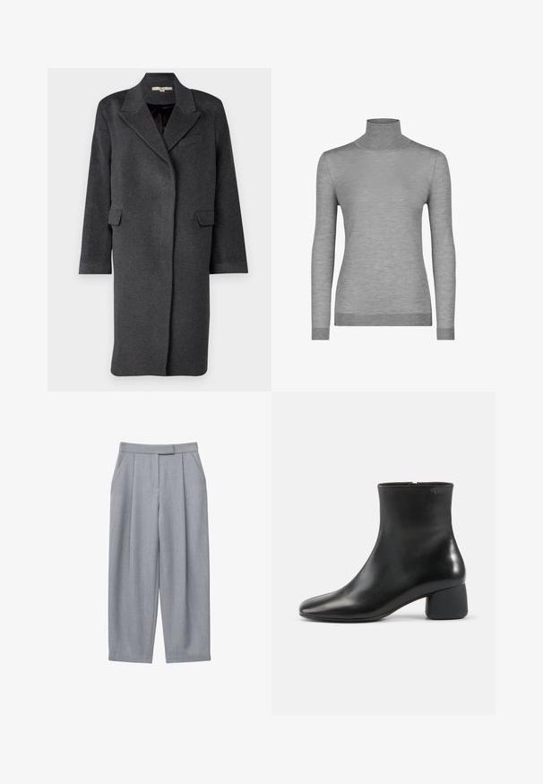 Mørkegrå uldblandingsfrakke med klapkrave, sidelommer og lange ærmer. Har en afslappet pasform og et minimalistisk design.; Grå turtleneck sweater lavet af glat stof, med lange ærmer, åben pasform og ribbede detaljer ved kraven og kanten.; Grå bukser med skræddersyet design, der har plisseringer, sidelommer og med lige ben. Glat tekstur og midtalje med normal højde.; Sort læderankelstøvle med afrundet firkantet tå, sidelås og chunky lav hæl på ensfarvet lys baggrund.
