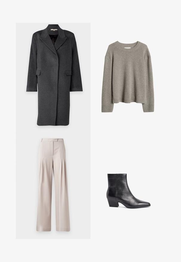 Dunkelgrauer Wollmischungs-Mantel mit Reverskragen, seitlichen Taschen und langen Ärmeln. Hat eine lässige Passform und ein minimalistisches Design.; Hellgrauer langärmeliger Strickpullover mit gerippten Bündchen, Saum und rundem Ausschnitt, mit Marc O’Polo-Label.; Beige Weite-Leggings mit glatter Textur, gefaltetem Vorderdesign und tailliertem Bund. Geeignet für formelle oder legere Anlässe.; Schwarze Lederankelstiefel mit spitzer Zehe, mittlerem Blockabsatz und glatter Textur. Bietet ein minimalistisches Design ohne sichtbare Beschläge.