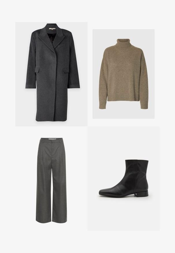 Dunkelgrauer Wollmischungs-Mantel mit Reverskragen, seitlichen Taschen und langen Ärmeln. Hat eine lässige Passform und ein minimalistisches Design.; Stehkragenpullover aus weichem braunem Strick. Verfügt über breite gerippte Bündchen und Saum, mit einem lockeren Schnitt und strukturierten Oberflächen.; Graue weite Hosen aus strukturiertem Stoff, mit hoher Taille und vorderen Falten, ohne sichtbare Taschen oder metallische Details.; Schwarze Lederknöchelstiefel mit spitz zulaufender Zehe, glatter Textur, minimalistischem Design und niedrigem Blockabsatz. Der seitliche Reißverschluss reicht bis zum Knöchel.
