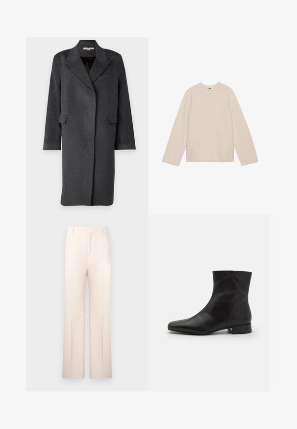 Manteau en laine mélangée gris foncé avec col cranté, poches latérales et manches longues. Présente une coupe décontractée et un design minimaliste.; Pull léger beige à manches longues en matériau doux. Il présente un col rond et une coupe décontractée avec des poignets et un ourlet côtelés.; Pantalons beige ajustés avec une coupe droite, fabriqués en tissu léger. Dotés de plis avant et d'une taille classique.; Botte cheville en cuir noir avec un bout pointu, texture lisse, design minimaliste et un petit talon carré. La fermeture éclair sur le côté monte jusqu'à la cheville.