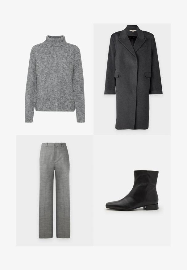Mørkegrå uldblandingsfrakke med klapkrave, sidelommer og lange ærmer. Har en afslappet pasform og et minimalistisk design.; Grå strikket sweater med høj krave, varierende teksturer og en boxy form. Har lange ærmer og en kant, der sidder ved taljen.; Grå skræddersyede bredbenede bukser med bæltestropper og frontfold på hvid baggrund, velegnede til formelt eller kontorbrug.; Sort læder ankelstøvle med spids tå, glat tekstur, minimalistisk design og en lav blokhæl. Sidelukning går op til anklen.