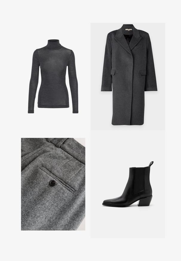 Donkergrijze wolmix jas met een geknipt kraag, zijzakken en lange mouwen. Heeft een relaxte pasvorm en een minimalistisch ontwerp.; Langharige turtleneck top in donkergrijs, met een zachte textuur en een subtiele glans, in een getailleerde pasvorm.; Grijze wollen broek met een platte voorkant, een enkele achterzak met een zwarte knoop en een zachte, gestructureerde afwerking.; Zwarte leren enkellaarzen met een spitse neus, elastische zijpanelen en een lage blokhak. Bevat een trekkoord aan de hiel voor gemakkelijk aan- en uittrekken.