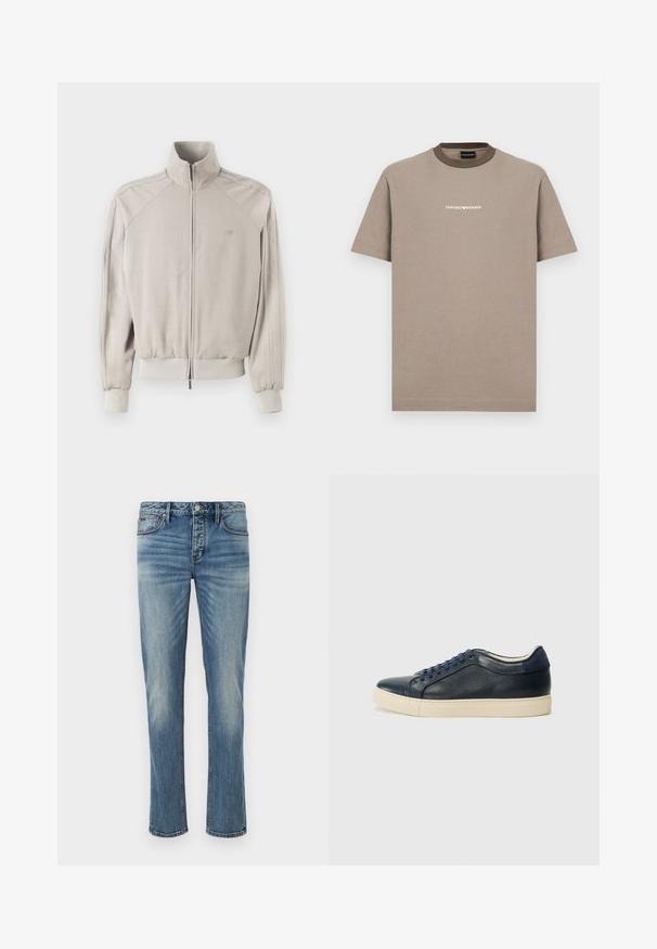Hellgraue Jacke mit hohem Kragen, durchgehendem Reißverschluss, gerippten Bündchen und Saum. Besitzt strukturierten Stoff und vertikale Streifen an den Ärmeln.; Braunes Baumwoll-T-Shirt mit kurzen Ärmeln und rundem Kragen. Verfügt über einen kontrastierenden dunkelbraunen Kragen und das weiße "EMPORIO ARMANI"-Logo.; Hellblaue Jeans aus Denim mit geradem Schnitt, fünf Taschen, silbernem Knopfverschluss und dezenten Ausbleichungen im Stoff.; Dunkelblaues Leder-Sneaker mit cremefarbener Gummisohle, ausgestattet mit blauen Schnürsenkeln und einer glatten Textur. Abgerundete Zehenpartie und minimalistisches Design.