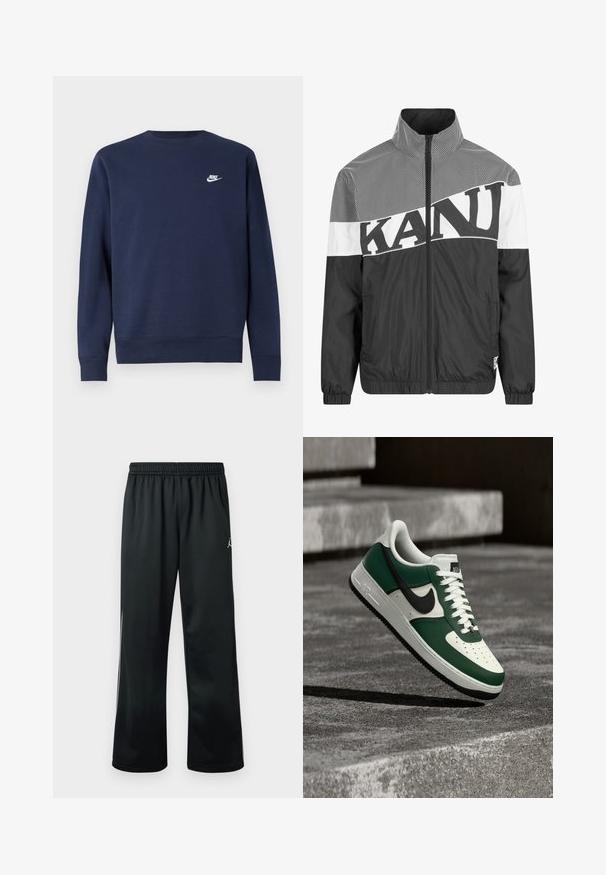 Sort og hvid zip-up jakke med et mesh-mønster, iøjnefaldende bogstaver, høj krave og elastiske manchetter med en glat overflade.; Marineblå sweatshirt lavet af blødt stof, med rund halsudskæring og lange ærmer samt en lille hvid Nike-logo på brystet.; Sorte atletikbukser med elastisk talje, der har et hvidt logo på den øvre side og et glat, letvægtsstof.; Grønne og hvide Nike Air Force 1 sneakers med sort swoosh, svævende over en betonoverflade med slørede trapper i baggrunden.