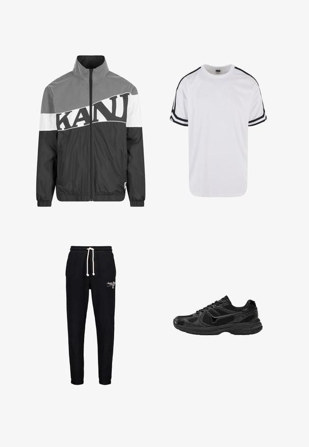 Schwarz-weiße Zip-Up-Jacke mit Mesh-Muster, auffälligem Schriftzug, hohem Kragen und elastischen Bündchen sowie einer glatten Textur.; Weißes T-Shirt mit kurzen Ärmeln aus Netzstoff, mit schwarzen Akzenten an den Schultern und drei schwarzen Streifen an den Ärmeln. Rundhalsausschnitt.; Schwarze Baumwoll-Sweatpants mit elastischem Bund, Kordelzug und Seitentaschen. Mit weißem Drucktext auf dem linken Oberschenkel.; Schwarze Sportschuhe mit einem Mesh-Obermaterial, Gummisohle und einem mehrschichtigen Design mit glänzenden Akzenten und strukturierten Details.