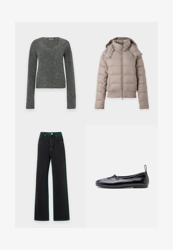 Doudoune beige clair avec col montant, fermeture éclair devant, manches longues et capuche amovible avec boutons-pression.; Pull gris à manches longues en tissu doux et texturé, avec un col large et arrondi et une silhouette ajustée.; Jean noir évasé avec des accents verts, en denim, présentant une taille haute, des poches avant et une fermeture à bouton en métal.; Ballerine en cuir verni noir avec un bout rond, un petit nœud décoratif et une texture lisse ; présente une semelle plate basse et une languette au talon.