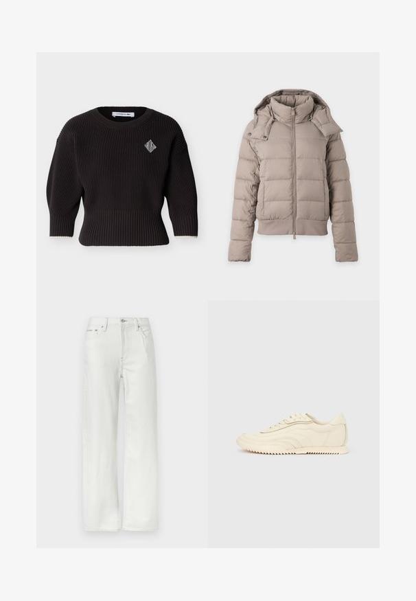 Doudoune beige clair avec col montant, fermeture éclair devant, manches longues et capuche amovible avec boutons-pression.; Pull en maille côtelée noire avec manches trois-quarts, col rond et petit logo blanc en forme de losange sur la poitrine gauche.; Jean blanc droit avec poches avant et arrière, passants pour ceinture, fermeture par bouton et détails de coutures visibles.; Baskets basses de couleur crème avec des coutures ondulées, une fermeture à lacets et une semelle crantée, vues de côté sur un fond uni.
