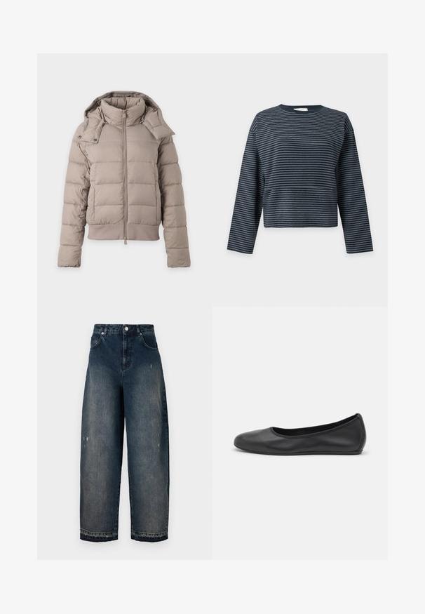 Lichtbeige donsjas met hoge kraag, rits aan de voorkant, lange mouwen en afneembare capuchon met drukknoopsluiting.; Marineblauw shirt met lange mouwen, dunne witte horizontale strepen en een ronde halslijn op een effen lichte achtergrond.; Donkerdenim wijde pijpen jeans met een hoge taille, vijf zakken, zichtbare stiksels en lichte slijtage aan de voorkant. Klassieke knoop- en ritssluiting.; Zwarte leren ballerina met een ronde neus, gladde textuur, minimale stikdetails en een flexibele zoolontwerp.