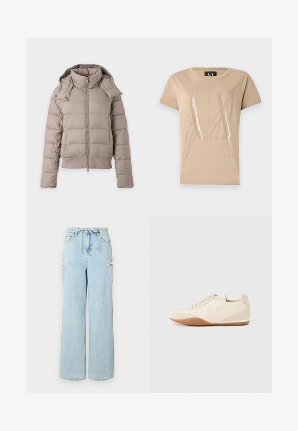 Chaqueta acolchada beige claro con cuello alto, cremallera delantera, mangas largas y capucha desmontable con botones a presión.; Camiseta beige de manga corta con grandes letras brillantes "A|X" y texto "Armani Exchange" debajo en la parte frontal.; Jeans de mezclilla de tiro alto en un azul claro, con pierna ancha y cintura con cordón. Presentan dos desgastes en las rodillas y un dobladillo limpio. Textura suave y corte relajado.; Zapatillas deportivas color beige claro con parte superior de cuero texturizado, paneles laterales texturizados y suela de goma. Presentan un diseño elegante y estilizado con cordones planos.