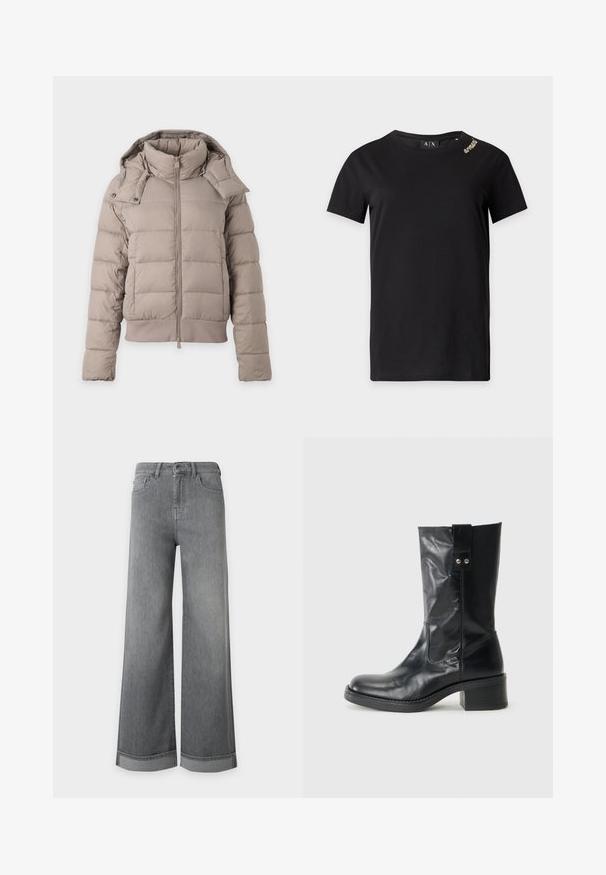 Doudoune beige clair avec col montant, fermeture éclair devant, manches longues et capuche amovible avec boutons-pression.; T-shirt noir à manches courtes avec col rond et petit détail doré près de l'épaule gauche, étiqueté Armani Exchange à l'intérieur du col.; Jean gris taille haute à jambes larges, cinq poches, fermeture à bouton et ourlets retournés, présenté sur un fond blanc uni.; Bottine en cuir noir avec un bout arrondi, un talon empilé modeste et un onglet décoratif sur le côté. Le matériau a une finition lisse et polie.