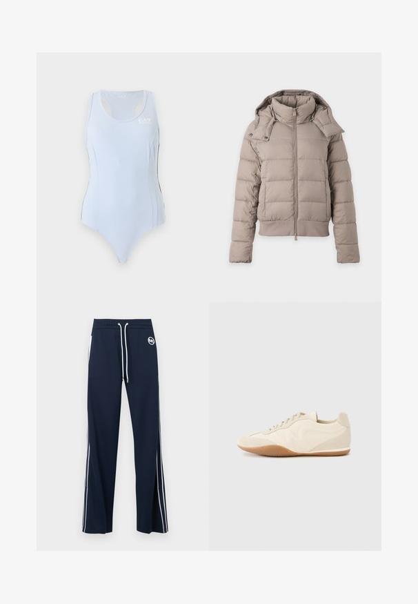 Doudoune beige clair avec col montant, fermeture éclair devant, manches longues et capuche amovible avec boutons-pression.; Justaucorps de sport bleu clair sans manches avec dos nageur et petit logo blanc EA7 sur le haut du côté gauche de la poitrine.; Pantalon de survêtement bleu marine avec cordon blanc, bandes blanches sur les côtés, poches latérales et petit logo circulaire blanc sur le devant droit.; Baskets beige clair avec une tige en cuir texturé, des panneaux latéraux texturés et une semelle en caoutchouc. Dotées d'un design fin et épuré ainsi que de lacets plats.