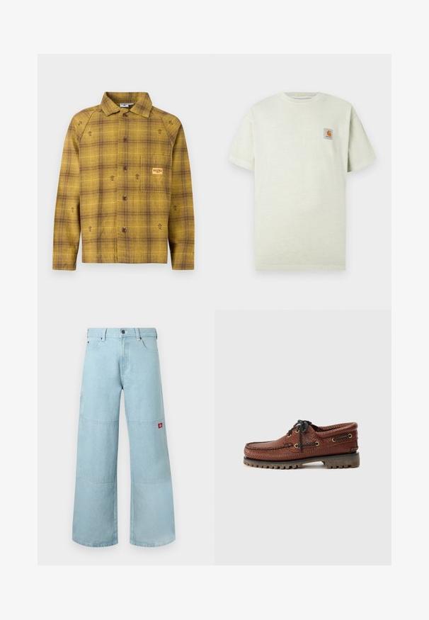 Gul og brun ternet skjorte med knapper, lange ærmer, krave og små blomstrede broderiaccents. Har en brystlomme.; Lysegrøn bomulds t-shirt med kortærmer, rund halsudskæring og et lille kvadratisk patch med et logo på venstre bryst. Blød tekstur.; Lyseblå vidde jeans i denim med kontrastpatches. Har en frontknaplukning og en lille logopatch på sidelommen.; Brune læder bådsko med struktureret overdel, sorte snørebånd og gyldne øjer. Har en holdbar, rillede gummisål.
