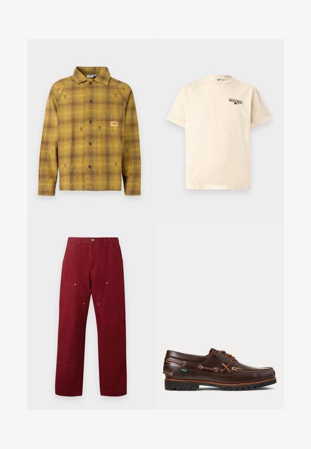Gul og brun ternet skjorte med knapper, lange ærmer, krave og små blomstrede broderiaccents. Har en brystlomme.; Beige kortærmet T-shirt med rund hals og lille sort "Service Works" tekst og grafik på venstre bryst.; Bordeaux farvede bomuldsbukser med lige snit, som har to forlommer, sølvhardware og knædetaljer. Glat tekstur, mellem vægt.; Mørkebrun læder bådsko med snøredetaljer, syning på moktåen, sort gummisål og lille grøn Polo-mærkat på siden.