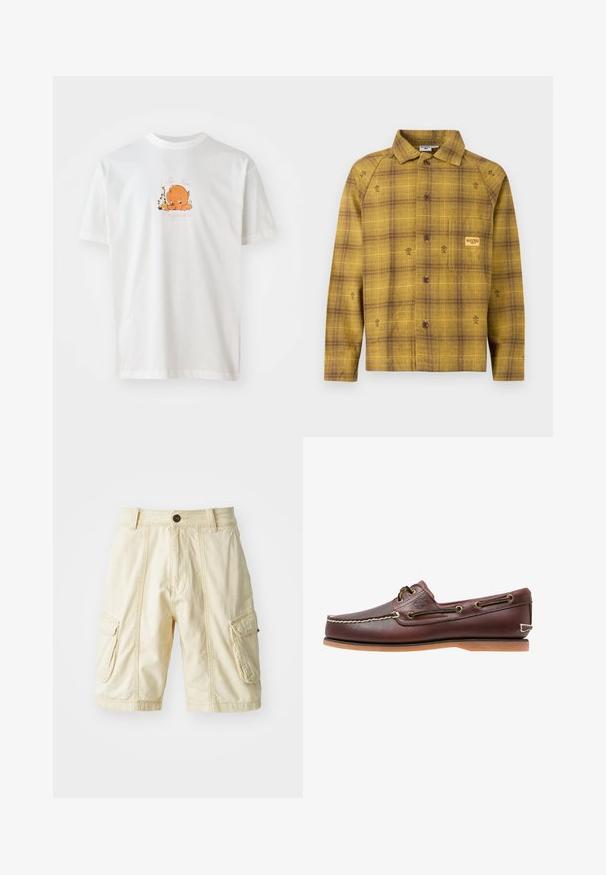 Gul og brun ternet skjorte med knapper, lange ærmer, krave og små blomstrede broderiaccents. Har en brystlomme.; Hvid bomulds t-shirt med rund halsudskæring. Forsiden viser en orange tegneseriefigur omgivet af blomster og tekst i pink.; Knælang cargo shorts i lysebeige stof med knaplukning, to store sidelommer og synlige stiksyninger.; Brun læder bådsko med hvide sømme, snøre detaljer og lysbrun gummisål, vist fra siden på hvid baggrund.