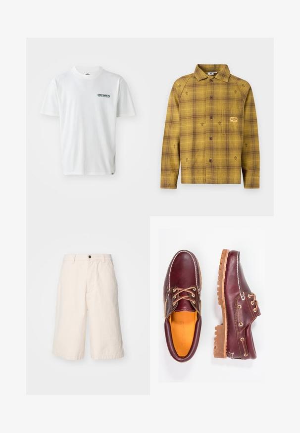 Gul og brun ternet skjorte med knapper, lange ærmer, krave og små blomstrede broderiaccents. Har en brystlomme.; Hvid bomulds T-shirt med korte ærmer, prydet med et grønt "DICKIES ON THE ROAD AGAIN" logo på venstre bryst. Standard crew neck design.; Lys beige bomuldsshorts med lige pasform, der har en knaplukning, sidelommer og en kant, der falder lige over knæet.; Bordeaux lædersko med brune gummisåler, rund tå, hvid syning og gyldne snøringer. Indersiden har et gult for.