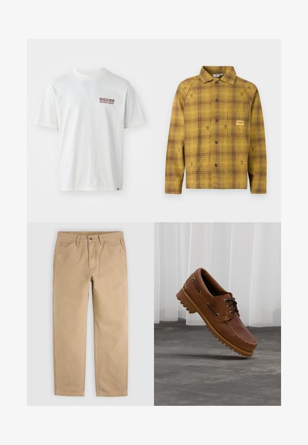 Gelb-braunes kariertes Hemd mit Knöpfen, langen Ärmeln, einem Kragen und kleinen Blumenstickereien als Akzente. Verfügt über eine Brusttasche.; Weißes Baumwoll-T-Shirt mit kurzen Ärmeln, Rundhalsausschnitt und einem roten Logo auf der linken Brustseite. Schlichtes Design ohne Muster.; Beige lässige Hose mit geradem Bein, mit Fronttaschen, Gürtelschlaufen und Knopfverschluss, flach auf hellem Hintergrund präsentiert.; Brauner Leder-Bootsschuh mit schwarzen Schnürsenkeln, beigen Nähten und einer robusten Sohle, schwebt über einem grauen Betonboden.