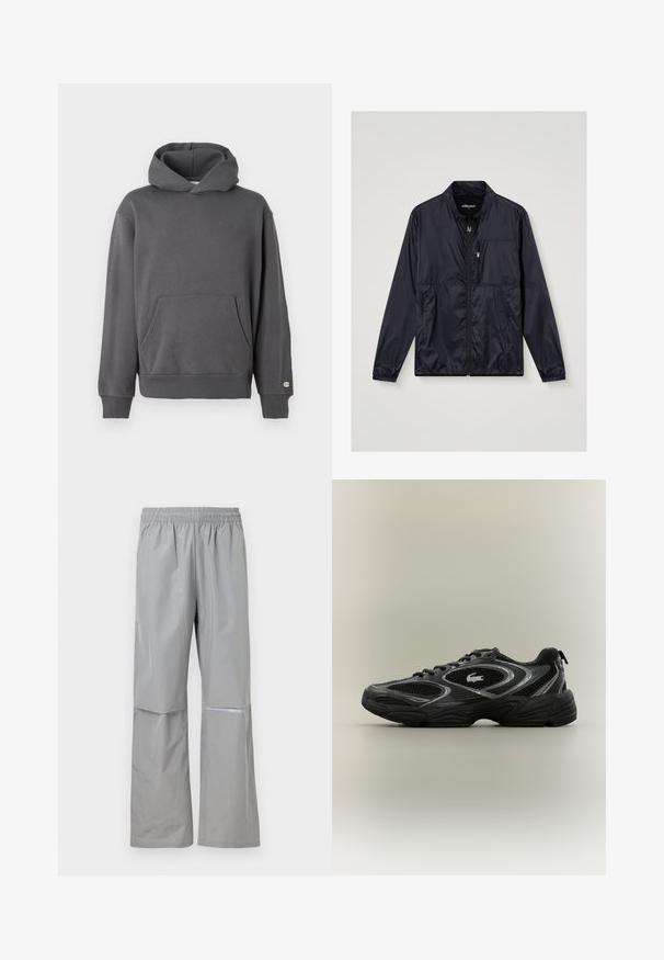 Sort letvægtsjakke med lynlås, stående krave, elastiske ærmekanter og lynlåslommer på brystet og siden, størrelse medium.; Grå pullover hoodie med en frontkangaroo-lomme, ribbede manchetter og hætte med snoretræk. Har diskret logo-detaljering på brystet.; Lysegrå vandtætte regnbukser med elastisk talje og refleksstribe på højre ben, designet til udendørs brug.; Sort og grå atletisk sneaker med mesh-paneler, snørebåndsdesign, tyk sål og et lille krokodillelogo på siden.