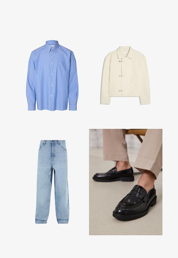 Veste blanc cassé avec un col et trois fermoirs à bascule argentés sur le devant, avec deux poches latérales et des manches longues.; Chemise bleue à manches longues avec fines rayures verticales blanches et rouges, une poche poitrine à l'avant et un col pointu.; Jeans en denim bleu clair avec une coupe ample, taille haute et cinq poches. Dotés de passants de ceinture et d'une fermeture à bouton. Texture douce.; Mocassins en cuir noir avec une finition lisse, ornés d'une sangle décorative et de coutures contrastées, associés à un pantalon beige.