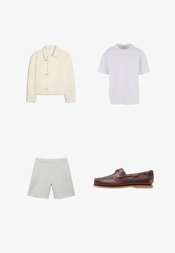 Veste blanc cassé avec un col et trois fermoirs à bascule argentés sur le devant, avec deux poches latérales et des manches longues.; T-shirt blanc à manches courtes en coton doux, avec un col rond et une coupe décontractée à ourlet droit. Aucun motif ni accent visible.; Shorts décontractés gris clair avec ceinture élastique et poches latérales, présentés à plat sur un fond blanc.; Chaussure bateau en cuir marron avec coutures blanches, détails de lacets et semelle en caoutchouc beige, vue de côté sur fond blanc.