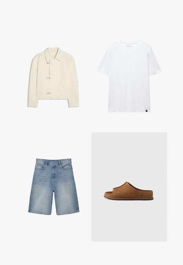 Veste blanc cassé avec un col et trois fermoirs à bascule argentés sur le devant, avec deux poches latérales et des manches longues.; T-shirt blanc à manches courtes coupe droite avec encolure ronde et petite étiquette en tissu noire en bas de l'ourlet.; Shorts en denim bleu clair au design droit, dotés de cinq poches, d'une fermeture éclair et d'une texture légèrement délavée.; Sandale glissière en daim marron avec un design à bout ouvert, semelle plate en caoutchouc et un détail discret du logo sur le côté. Texture lisse partout.