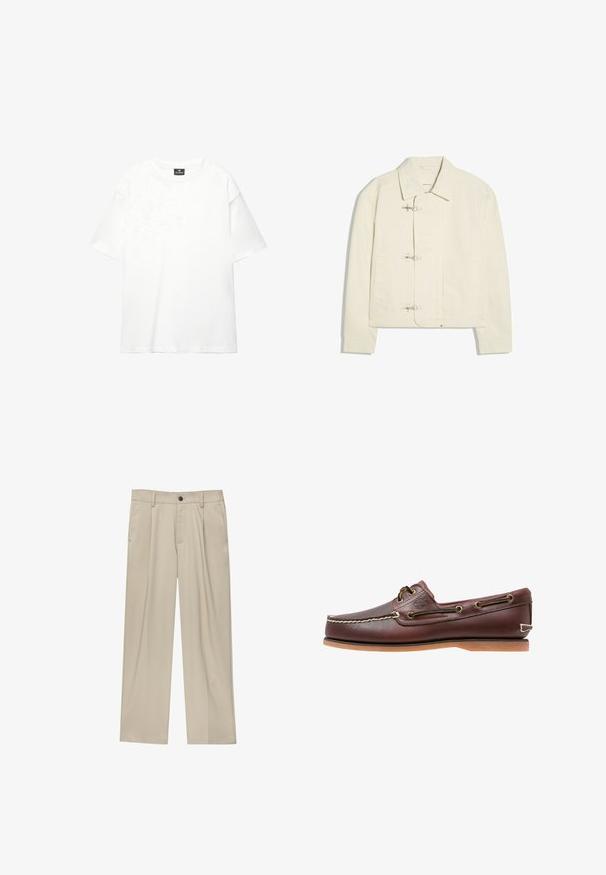 Veste blanc cassé avec un col et trois fermoirs à bascule argentés sur le devant, avec deux poches latérales et des manches longues.; T-shirt blanc surdimensionné en coton doux et lisse ; présente des manches courtes, un col rond et un design simple et épuré.; Pantalon beige à coupe droite, doté d'un seul bouton noir, de passants de ceinture et de poches latérales. Texture de tissu lisse et design minimaliste.; Chaussure bateau en cuir marron avec coutures blanches, détails de lacets et semelle en caoutchouc beige, vue de côté sur fond blanc.