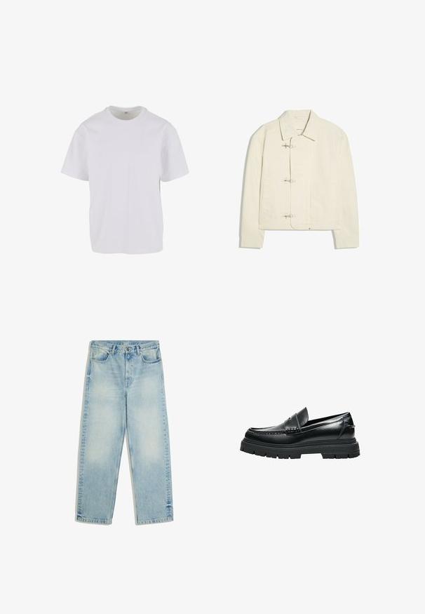 Off-white jakke med krave og tre sølvfarvede låsespænder foran, med to sidelommer og lange ærmer.; Hvid T-shirt med korteærmer lavet af blødt bomuld, med rund halsudskæring og en afslappet pasform med lige kant. Ingen mønstre eller detaljer synlige.; Lyseblå jeans med lige ben og høj talje, foran knap, lynlås, bæltestropper og forlommer, vist fladt på hvid baggrund.; Sort læder-loafer med tyk rillede sål og penny remdetaljer, vist fra siden på hvid baggrund.