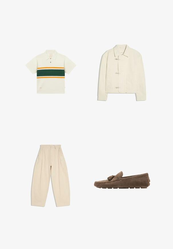 Veste blanc cassé avec un col et trois fermoirs à bascule argentés sur le devant, avec deux poches latérales et des manches longues.; Polo en maille à manches courtes de couleur crème avec tissu texturé, rayures horizontales vertes, jaunes et blanches sur la poitrine, et deux boutons sur le devant.; Pantalon beige taille haute à jambes larges avec plis, poches latérales, passants pour ceinture et fermeture par bouton sur la ceinture avant.; Mocassin en daim marron avec détail de pampilles sur le dessus et semelle en caoutchouc antidérapante, vu de côté sur fond blanc.