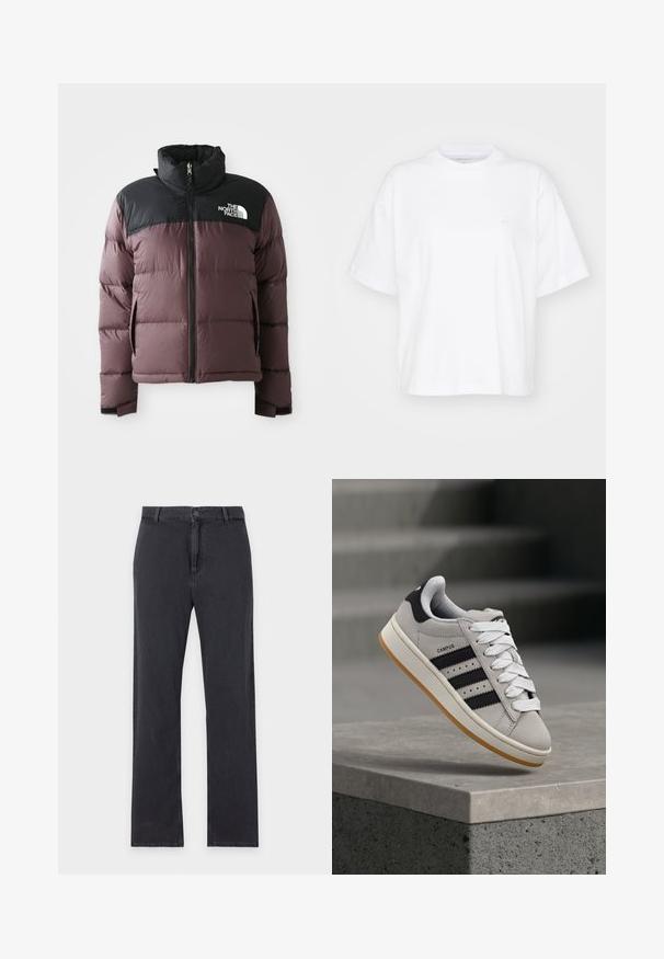 Twee-kleurige paarse en zwarte pufferjack met een rits aan de voorkant en hoge kraag, met het logo van The North Face op de zwarte bovenborst.; Witte katoenen t-shirt met een ronde hals, korte mouwen en een ontspannen pasvorm. Heeft een subtiel logo op het linkerborstgedeelte. Zachte textuur.; Zwarte jeans met rechte pijpen, knoop- en ritssluiting aan de voorkant, riemlussen en klassiek ontwerp met vijf zakken, plat gelegd op een witte achtergrond.; Grijze Adidas Campus sneaker met zwarte strepen en witte veter, zwevend boven een betonnen richel met trappen op de achtergrond.